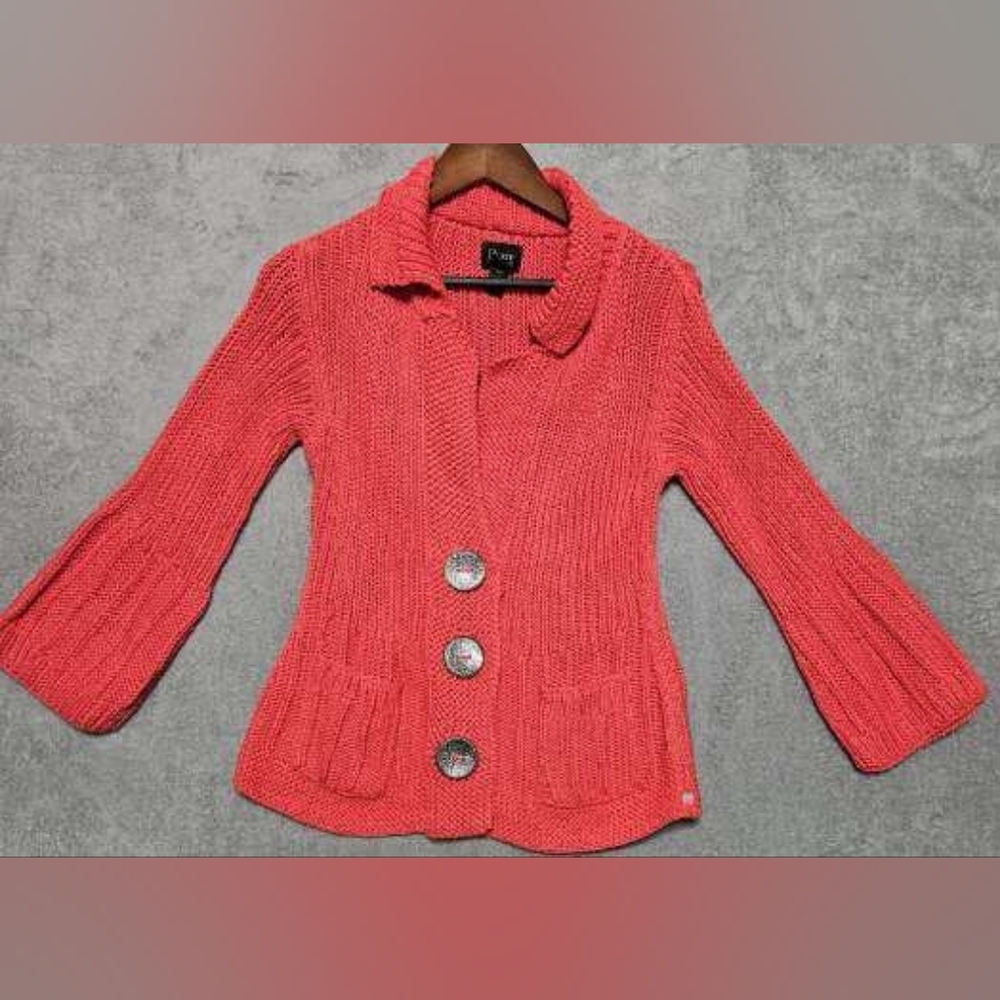 Pure Handknit Cotton Sweater Red/Pink Decorative Buttons. Size M